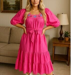 Vintage “Antique” Pink Embroidered Puff-Sleeve Dress – Medium Petite